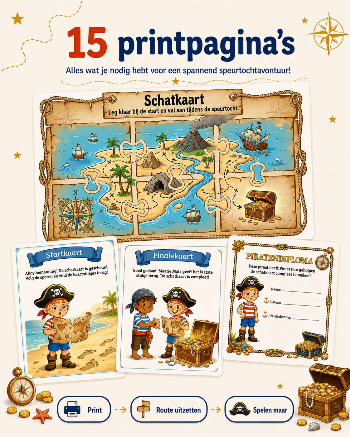 Piraat Pim printkit met schatkaart, startkaart, finalekaart en diploma