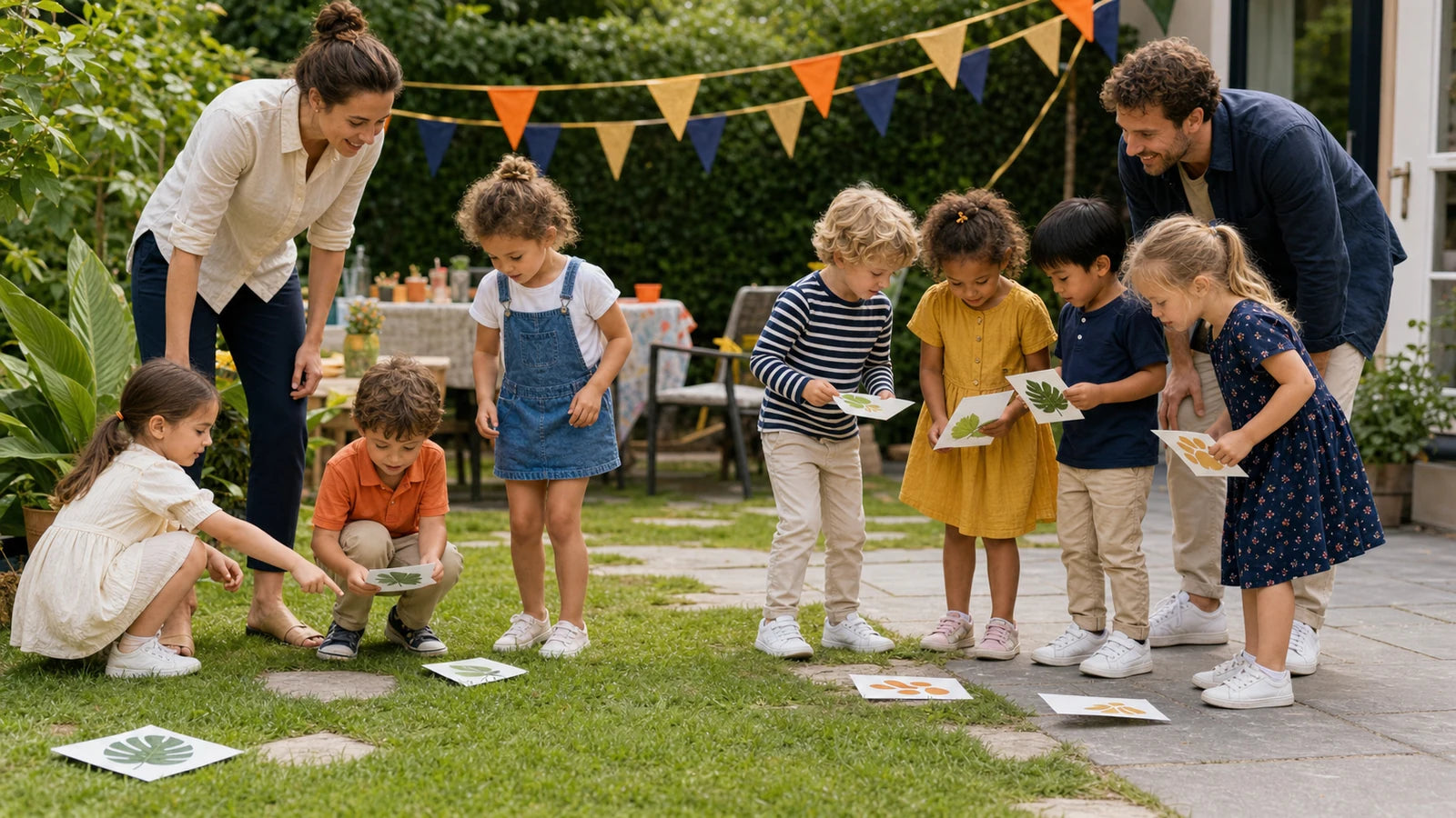 Een groep kinderen speelt samen een speurtocht tijdens een kinderfeestje thuis